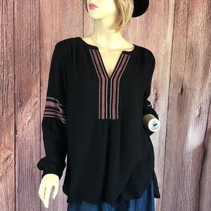 LOFT Peasant Top Black Embroidered Medium